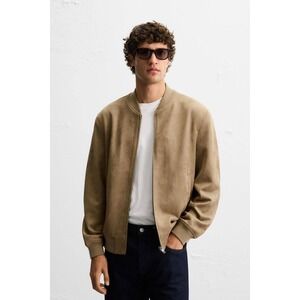 ZARA Men's Size L Faux Suede Bomber Jacket Brown Full Zip